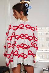Oversized Ribbon Pullover Sweater Cardigan: CREAM/PINK
