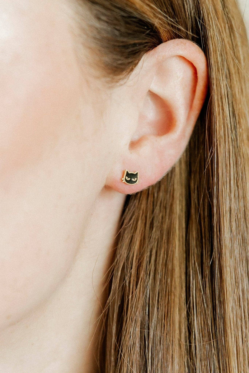 Screwback Stud Earrings - Black Cat