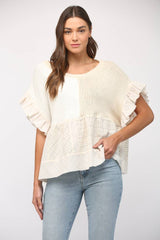 PATCHWORK FLUTTER SLV SWEATER: IVORY