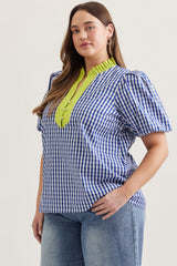Blue gingham mix top (plus only)