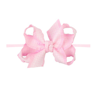 1/4" PANTYHOSE HEADBAND W/ DOUBLE RUFFLE HOUNDSTOOTH BOW: Light Pink / 3.5" Medium