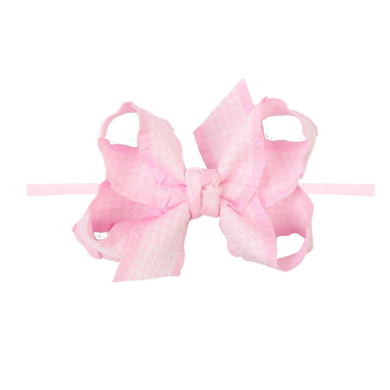 1/4" PANTYHOSE HEADBAND W/ DOUBLE RUFFLE HOUNDSTOOTH BOW: Light Pink / 3.5" Medium