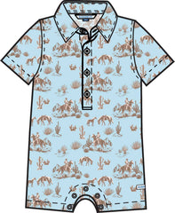Baby Boys Blue Western Trail Toile Short Sleeve Woven Button-Up Romper