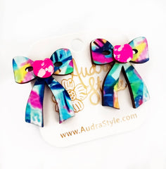 Colorful Bow Stud Blue Pink Abstract Spring Summer Statement Earring