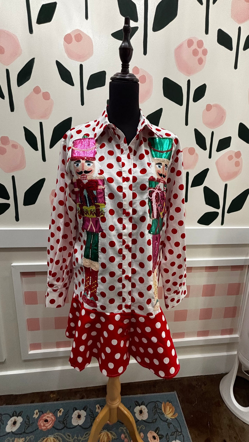 QOS red and white polka dot button up dress