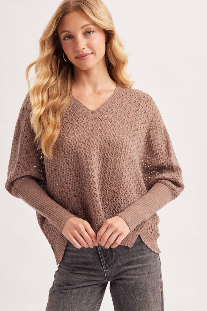 OPEN KNIT DOLMAN SLEEVED V-NECK KNIT SWEATER