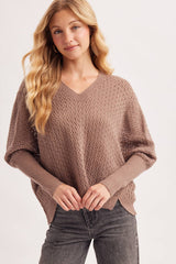 OPEN KNIT DOLMAN SLEEVED V-NECK KNIT SWEATER