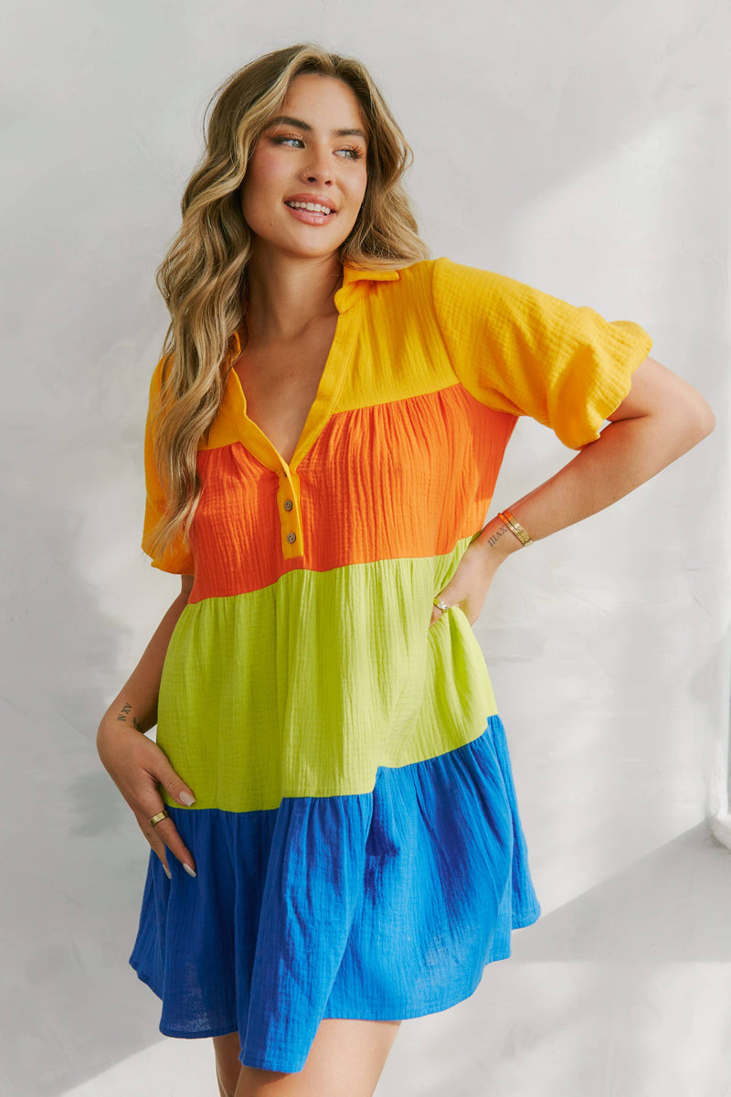 Color Block Tiered Shirt Dress: ORANGE MULTI