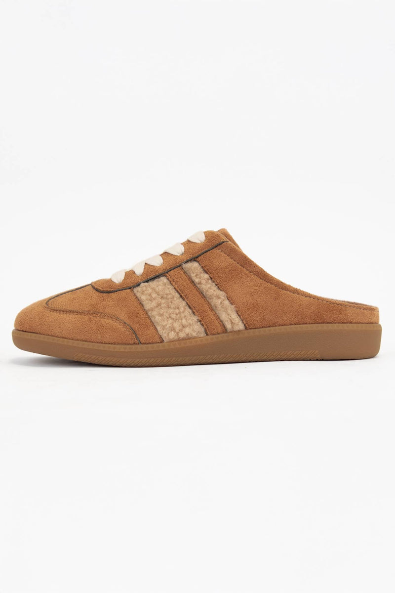 SANDRA FUR STRIPE DESIGN BACKLESS MULE COURT SNEAKERS: CAMEL