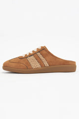 SANDRA FUR STRIPE DESIGN BACKLESS MULE COURT SNEAKERS: CAMEL