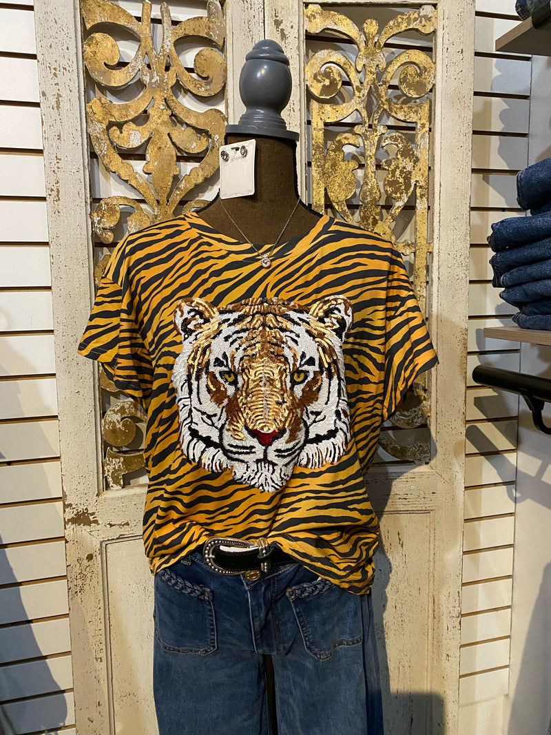QOS Tiger head on Tiger Print TEE