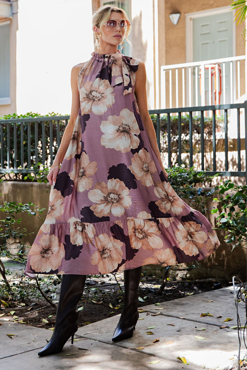 Floral midi dress with neck tie