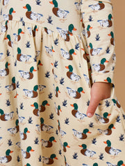 Girls Mallard Marsh Duck Knit Long Sleeve Twirl Dress