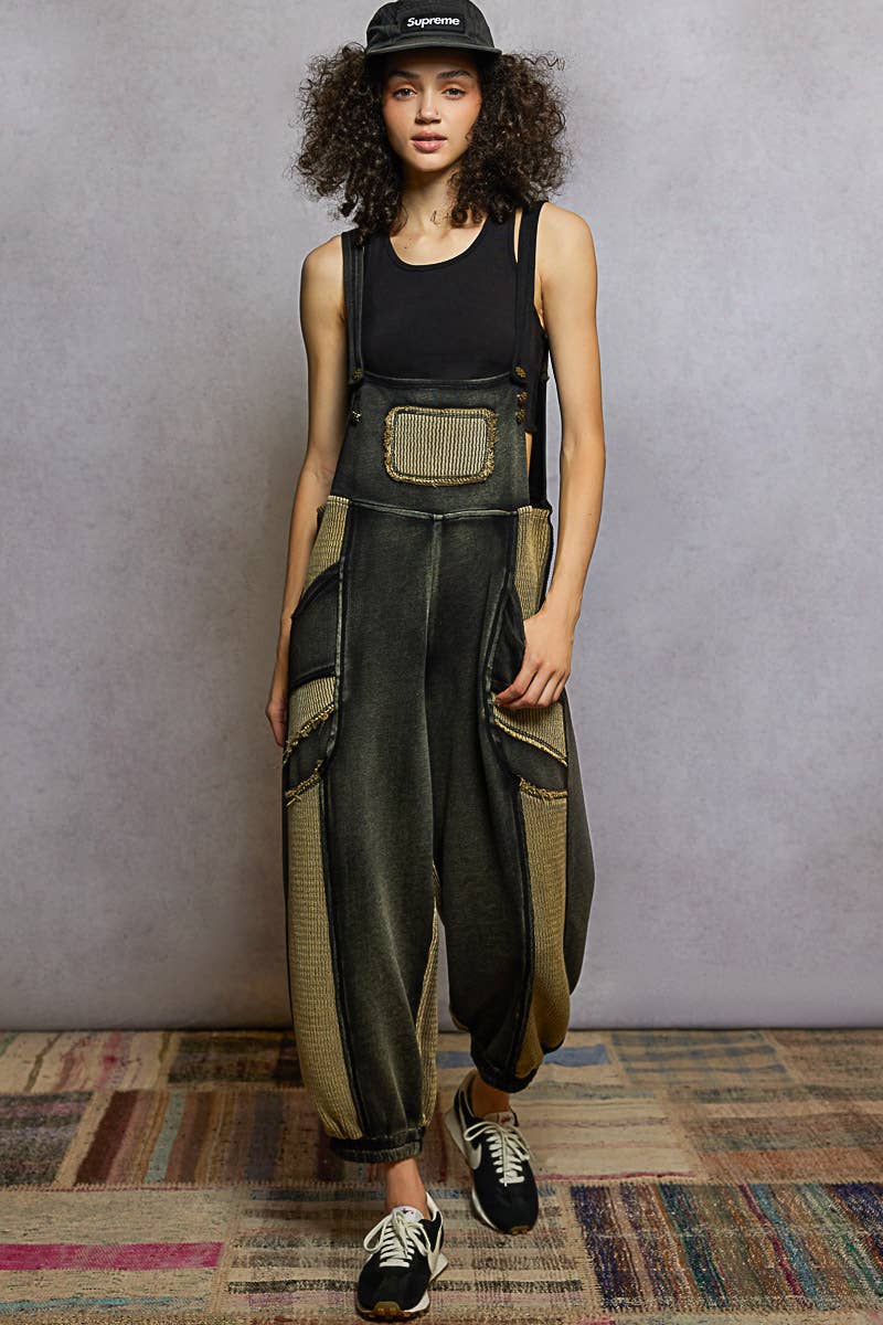 French Terry Loose Fit Knit Overalls with Contrast Panels