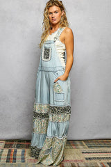 Feminine Mixed Printed Fabric Ruffle Wide Leg Overall