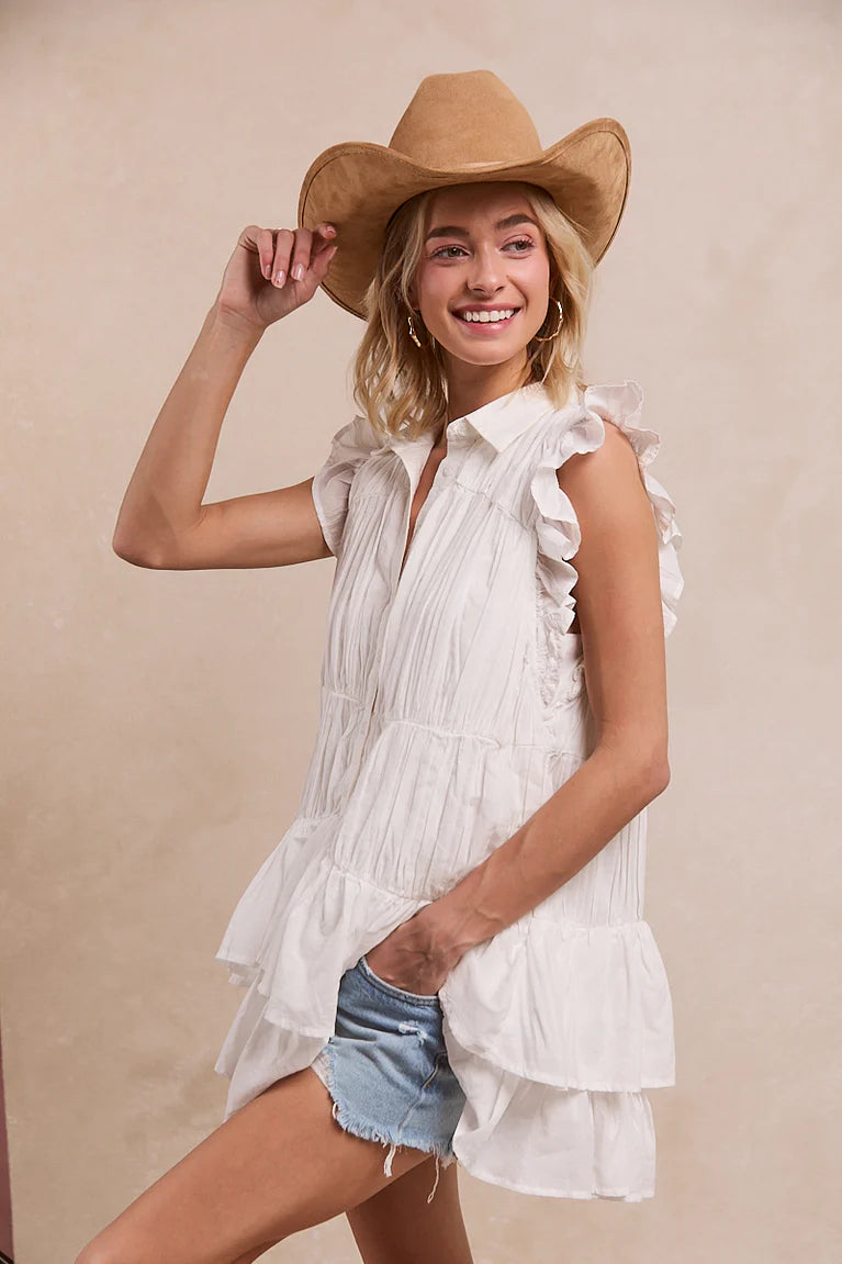 Shirring ruffle sleeve tunic collar