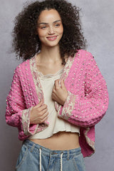 Long sleeve contrast pearl open cardigan sweater top