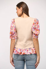 CONTRAST WOVEN SLV & HEM CREW NECK SWEATER