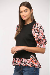 CONTRAST WOVEN SLV & HEM CREW NECK SWEATER