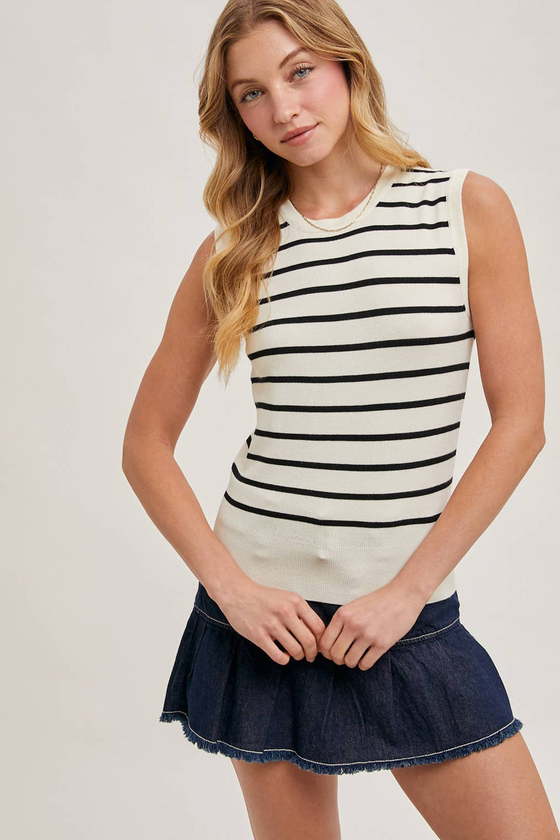 STRIPED MUSCLE KNIT TANK TOP: BLACK STRIPE