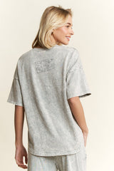 MineralWash Ribbon bow half sleeve shirt with ruffled flare bottoms