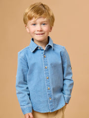 Boys Light Wash Stretch Denim Long Sleeve Button Down Shirt