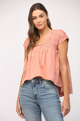 SHIRRED DETAIL SIDE TIE CAP SLV TOP-CORAL PINK