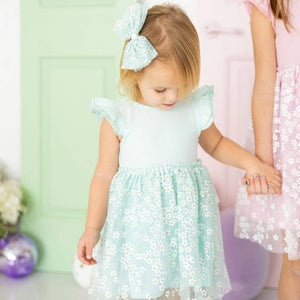 Aqua Ditsy Daisy Easter Tulle Bow Clip - Kids Hair