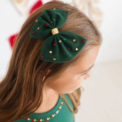 Emerald Rhinestone Christmas Tulle Bow Clip - Kids Hair Bow