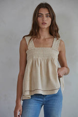 Woven Cotton Square Neck Sleeveless Flare Top
