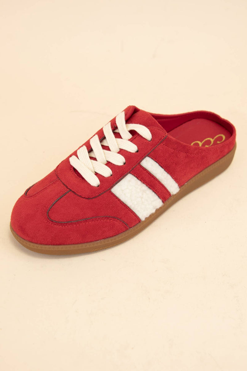 SANDRA FUR STRIPE DESIGN BACKLESS MULE COURT SNEAKERS: RED