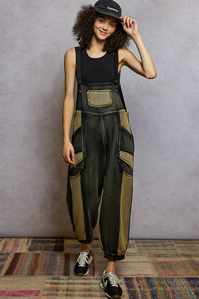 French Terry Loose Fit Knit Overalls with Contrast Panels