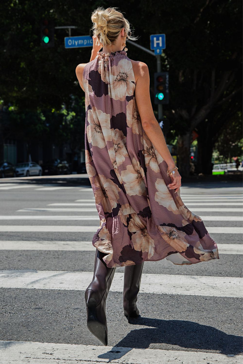 Floral midi dress with neck tie