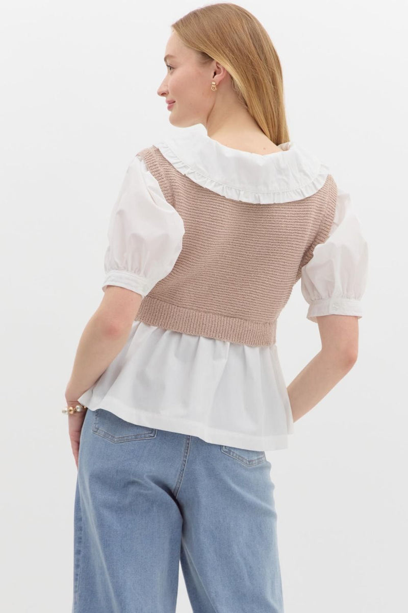 Ruffled collard white top with sweater vest over