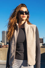 SOFT SHERPA FLEECE ZIPPER OPER FRONT MOCK NECK VEST-Ecru