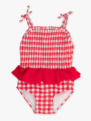 Girls Vintage Red Gingham Peplum Smocked Bodice One Piece