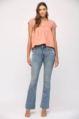 SHIRRED DETAIL SIDE TIE CAP SLV TOP-CORAL PINK