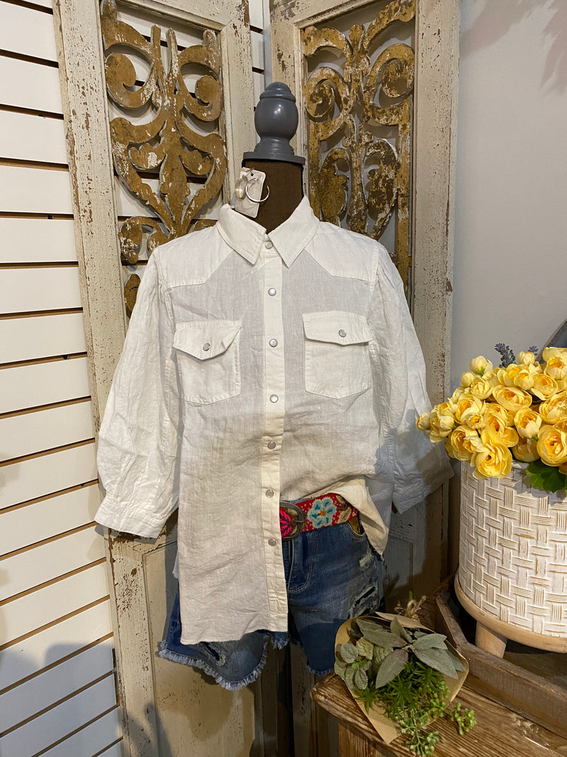 Snap Front Linen Top- White