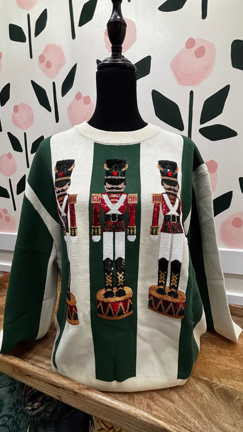 QOS Green ivory striped nutcracker sweater