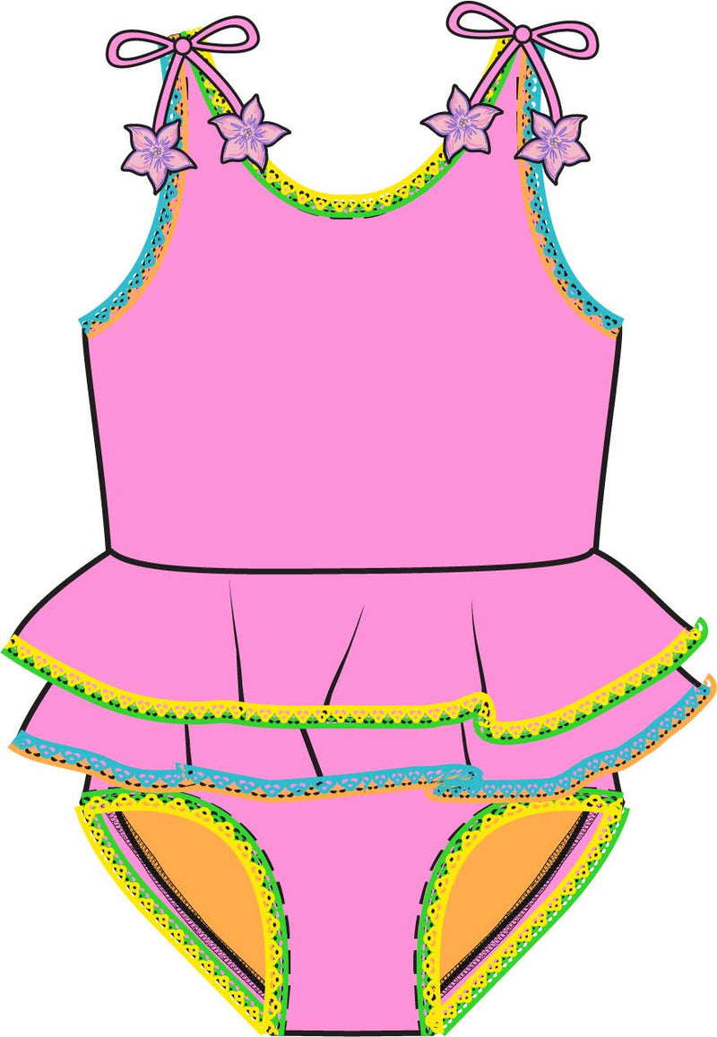 Girls Neon Pink Crochet Detail Peplum One Piece Swimsuit