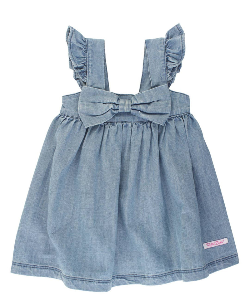 Girls Light Wash Denim Flutter Bow Woven Dress