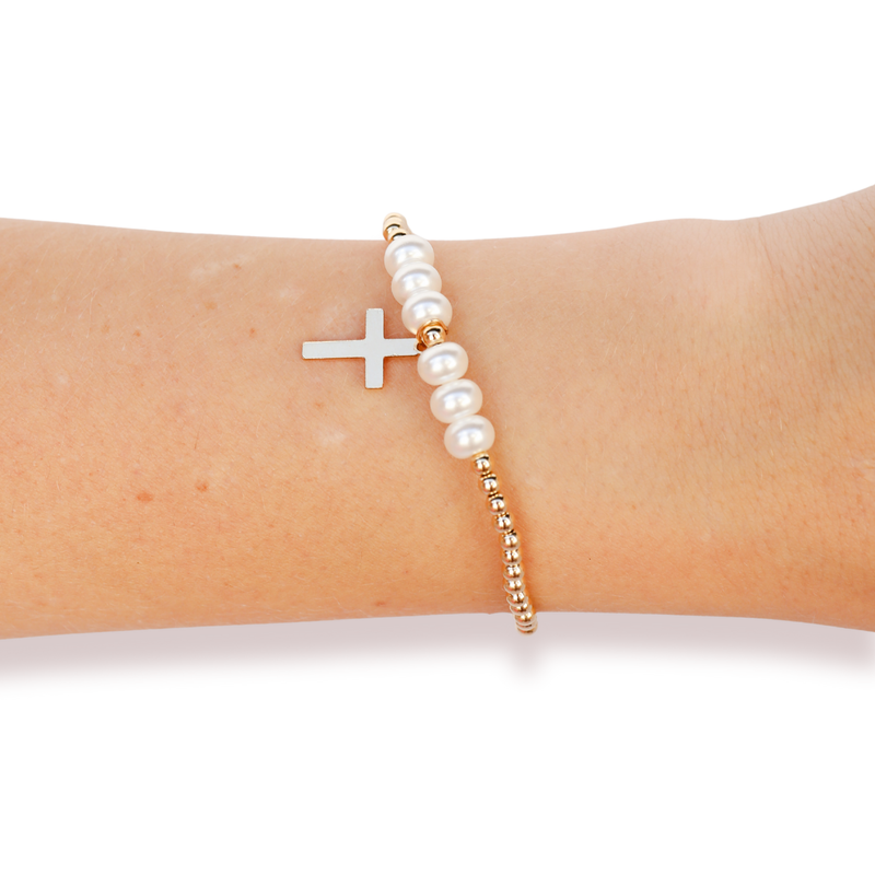 Cross + Pearl Gold Charm Bracelet: Extended 7.25 inch