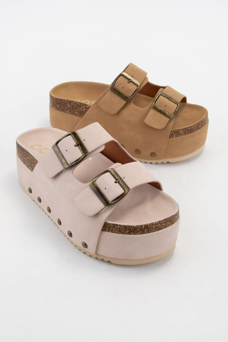 MADDIE DOUBLE BUCKLED STRAP CHUNKY PLATFORM HEELED SANDAL: TOFFEE