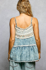 Double Gauze Denim Lace Patch Outseam Round Neck Sleeveless