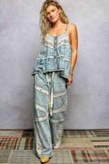 Double Gauze Denim Lace Patch Outseam Round Neck Sleeveless