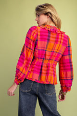Hot pink plaid cotton linen top