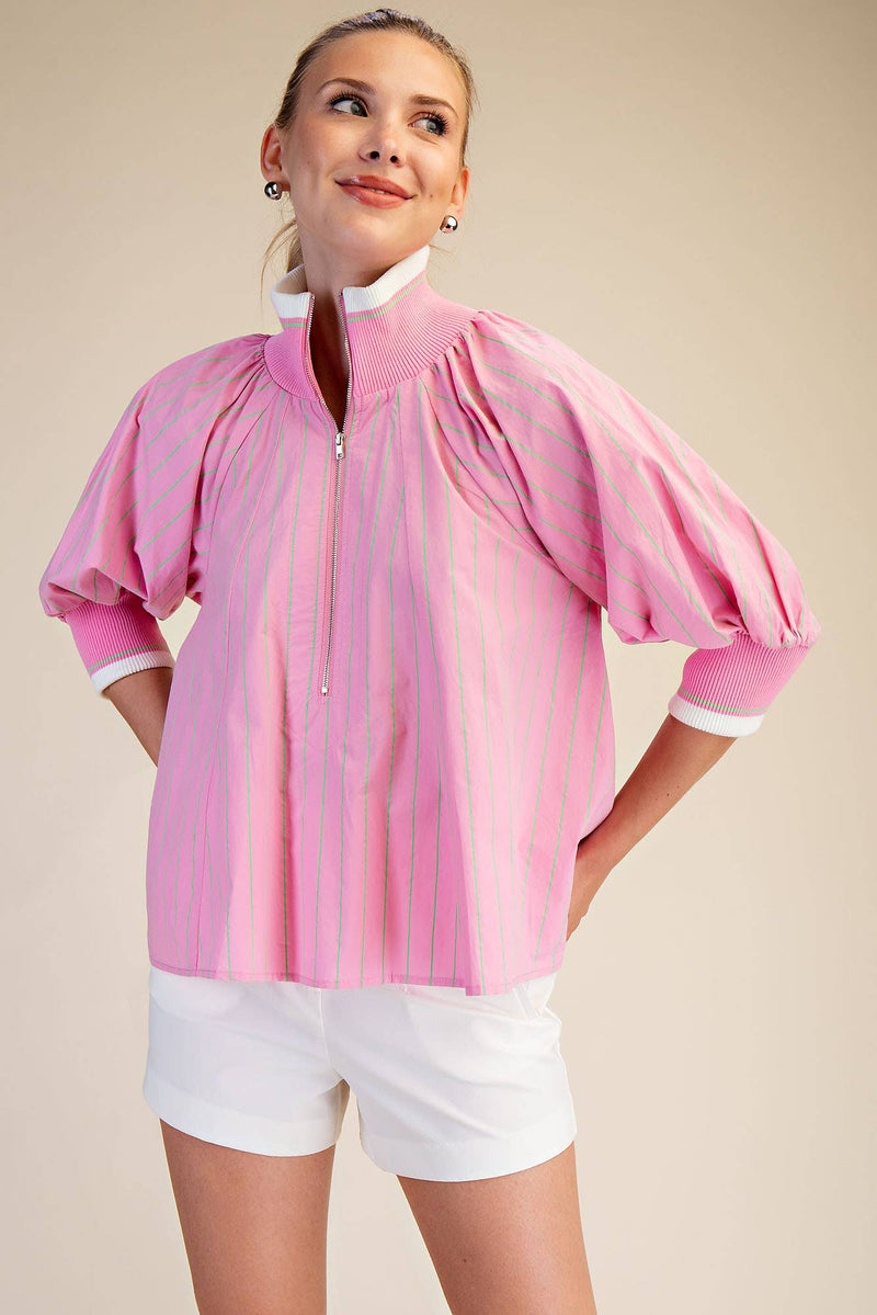 Mock Neck Band Puff Sleeve Blouse