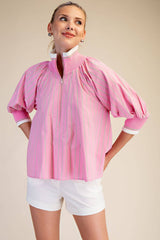 Mock Neck Band Puff Sleeve Blouse