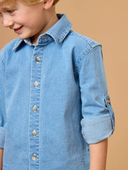 Boys Light Wash Stretch Denim Long Sleeve Button Down Shirt