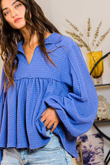 Collared Split Neck Pleating Top